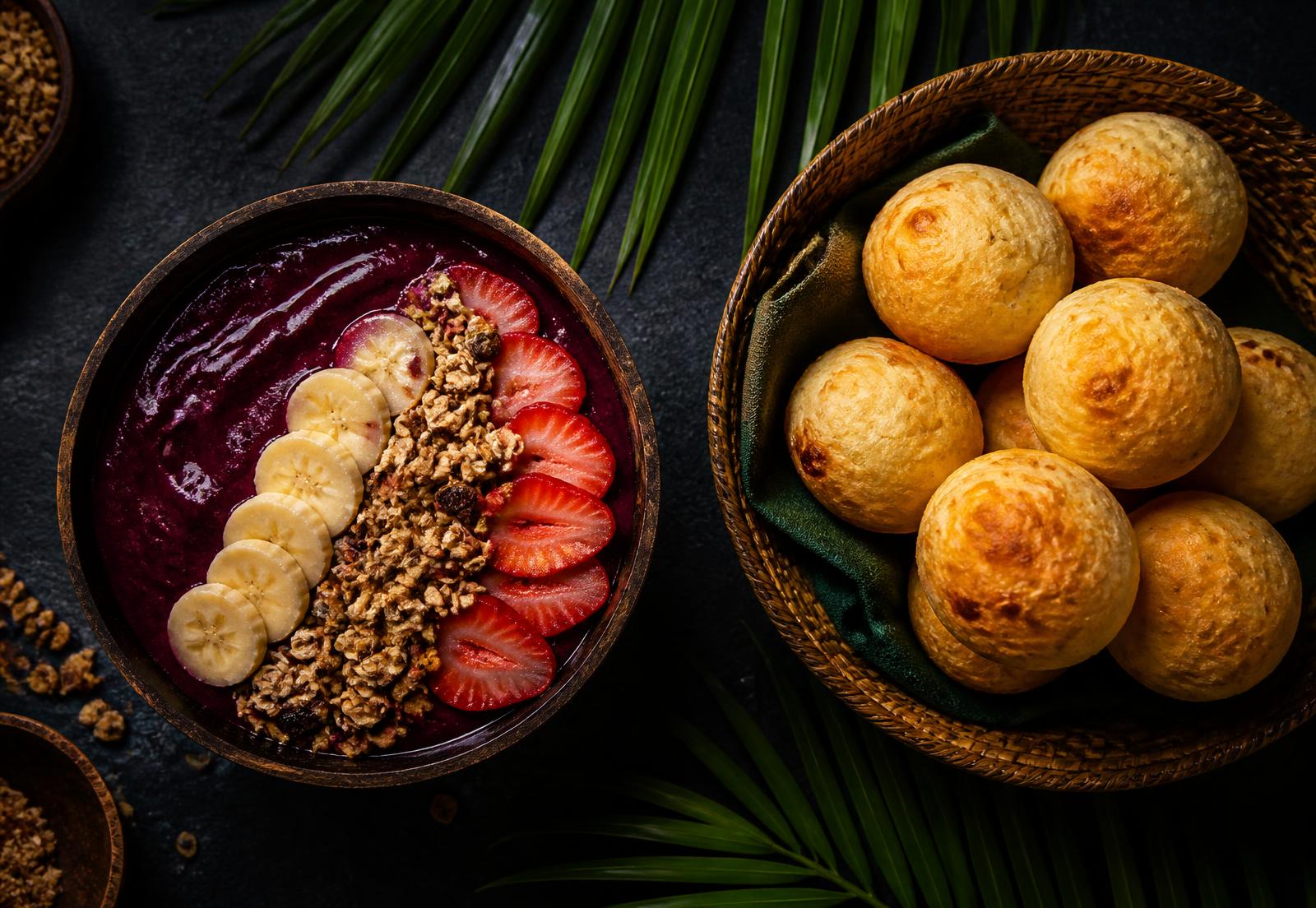 Açaí bowl with banana, granola and strawberries beside a basket of Brazilian cheese bread